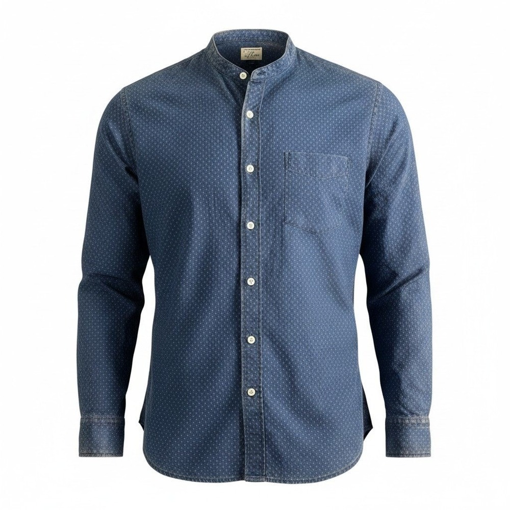 J.Crew Secret Wash Band Collar Shirt Mens L Navy Blue Geometric Stretch Classic